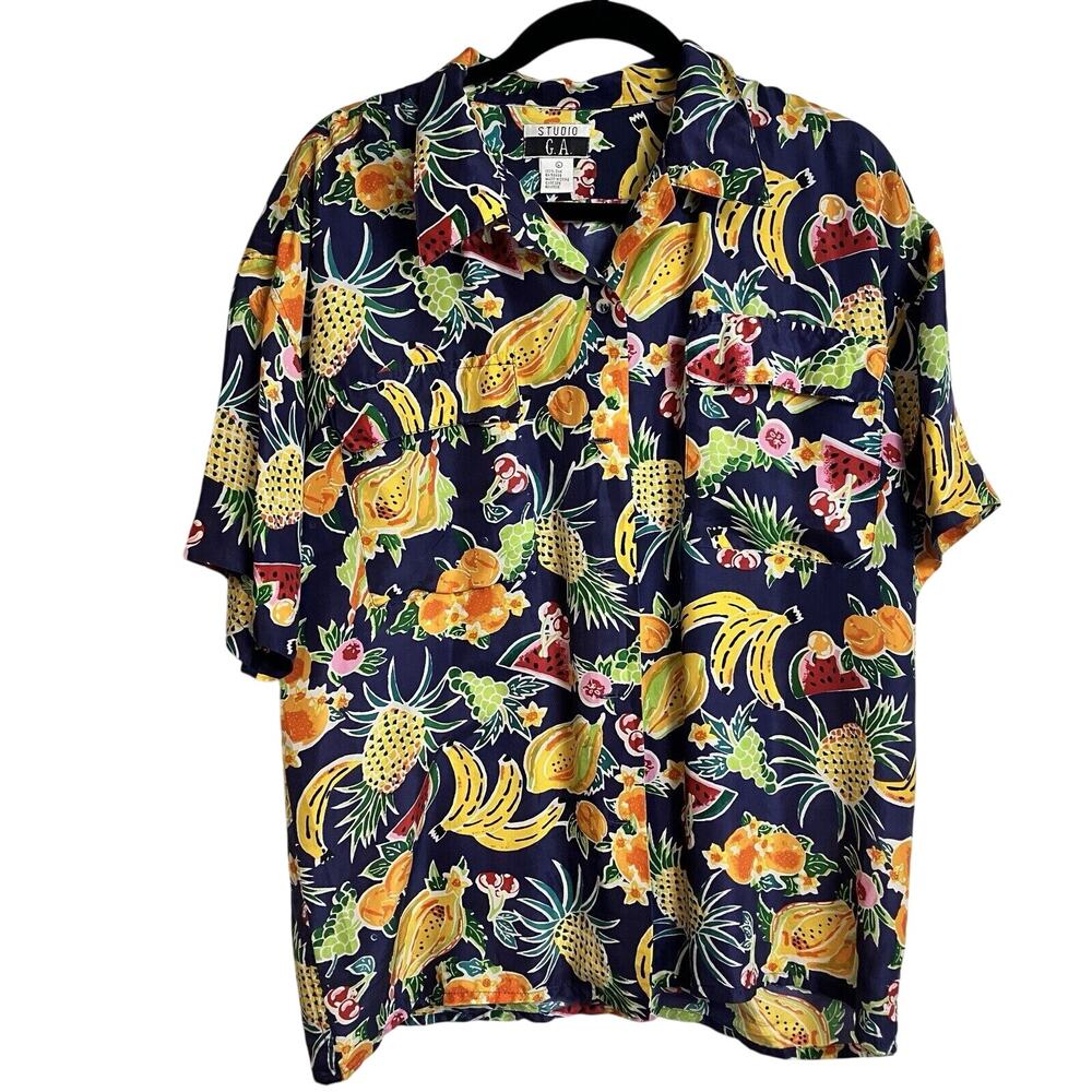 Vintage 90s 100% Silk Navy Novelty Fruit Print Button Down Shirt Mens Size L